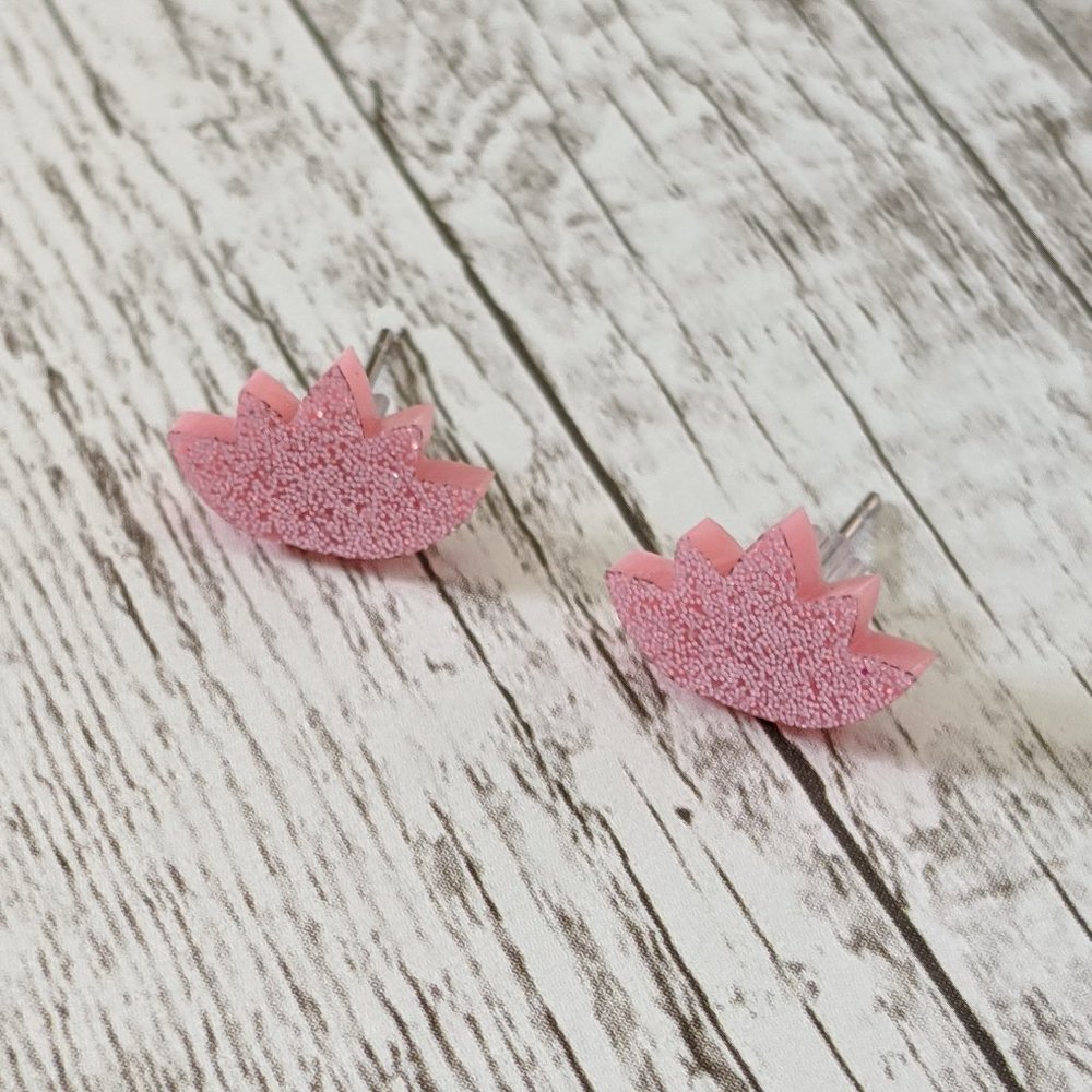 Sparkly Acrylic Light Pink Lotus with Light Pink Glitter Stud Earrings